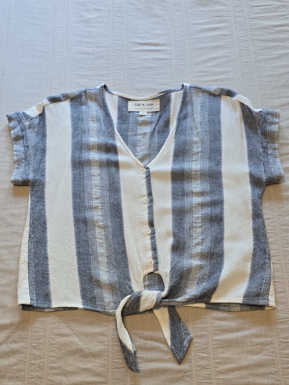 Cloth & Stone Linen Blend Striped Button & Tie Front Cropped Top Women's XS
